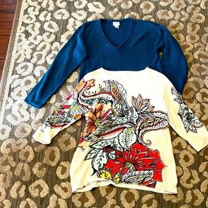 Chico’s sweaters. Size 2. One teal one floral print
